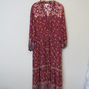Knox Rose Maroon Burgundy Floral Button Front Maxi Dress Sz L